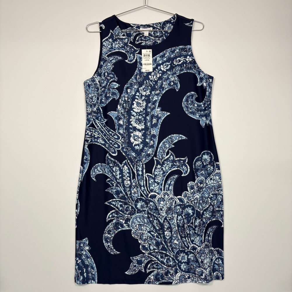 Charter Club Women Dress Large Blue Paisley Sleeveless Sheath Calypso Cove NEW